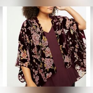 NWT Lane Bryant Velvet burgundy Floral Burnout Kimono one size